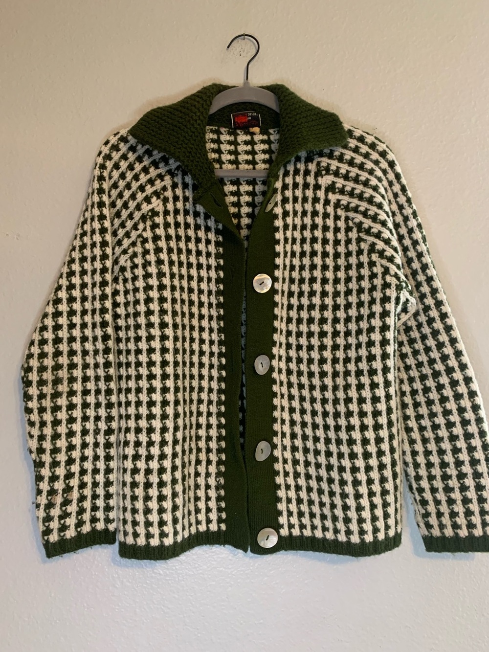 Vintage St Michael Women’s Olive & Cream Grandpa-core Button-Up Knit Cardigan.